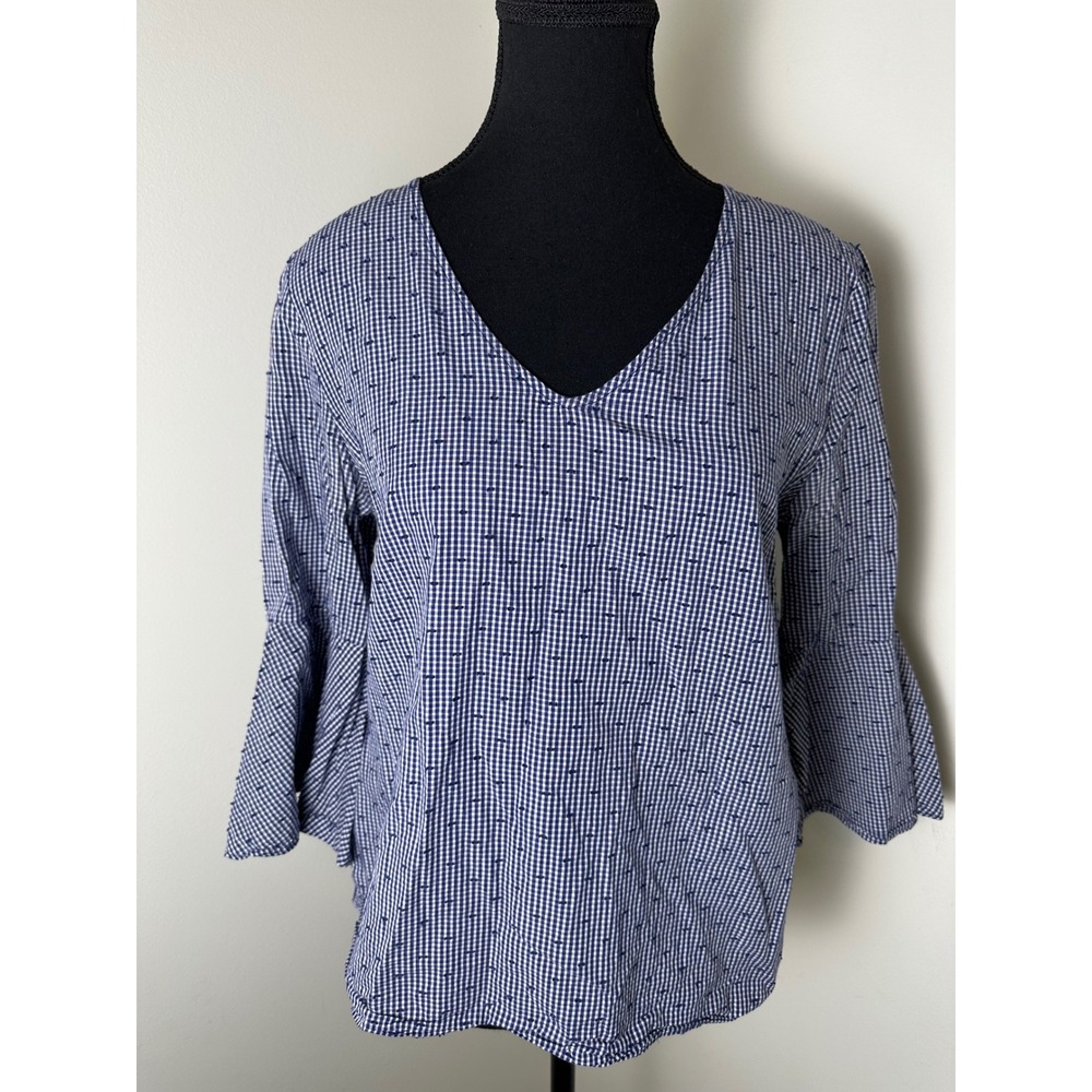 Jane and Delancey Gingham Top V Neck Bell Sleeve‎ Blouse Womens Small